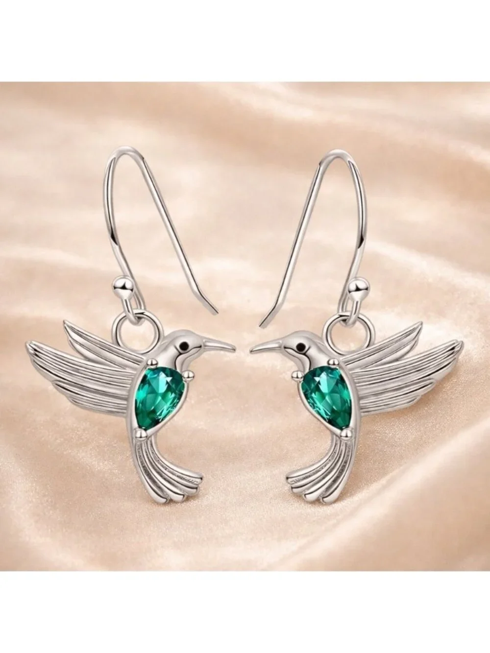 Hummingbird Dangle Earrings | Silver with Green Stone